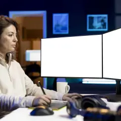 Kobieta pracuje przy dwóch monitorach, jeden z nich jest wyłączony.