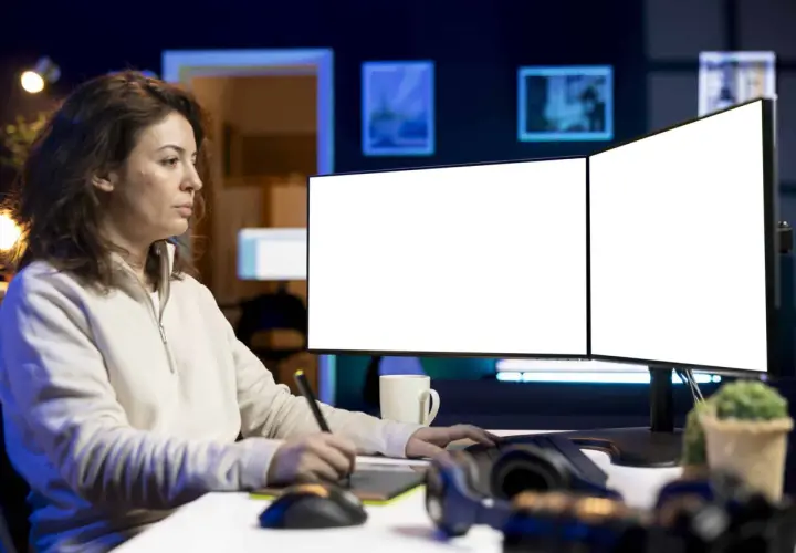 Kobieta pracuje przy dwóch monitorach, jeden z nich jest wyłączony.