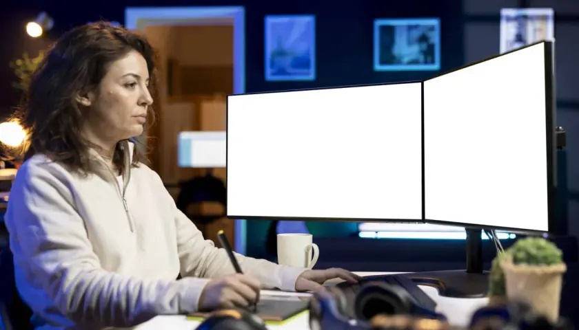 Kobieta pracuje przy dwóch monitorach, jeden z nich jest wyłączony.